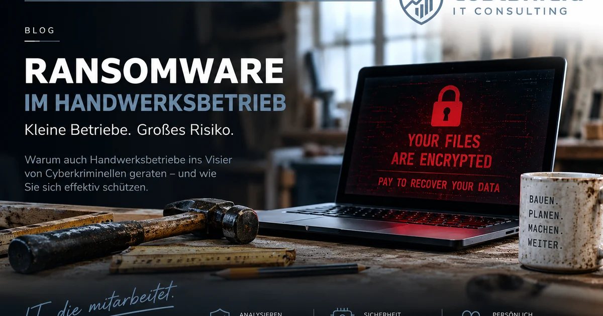 Laptop mit Ransomware-Warnmeldung auf einer Werkbank im Handwerksbetrieb