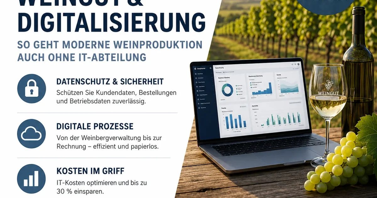 Laptop mit Dashboard neben Weinglas und Trauben im Weinberg
